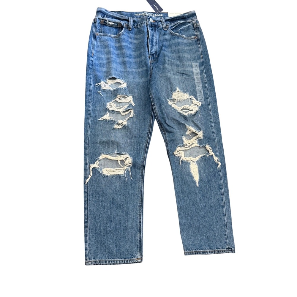NWT American Eagle Vintage Hi-Rise Shredder Indigo Ripped Straight Jeans 12